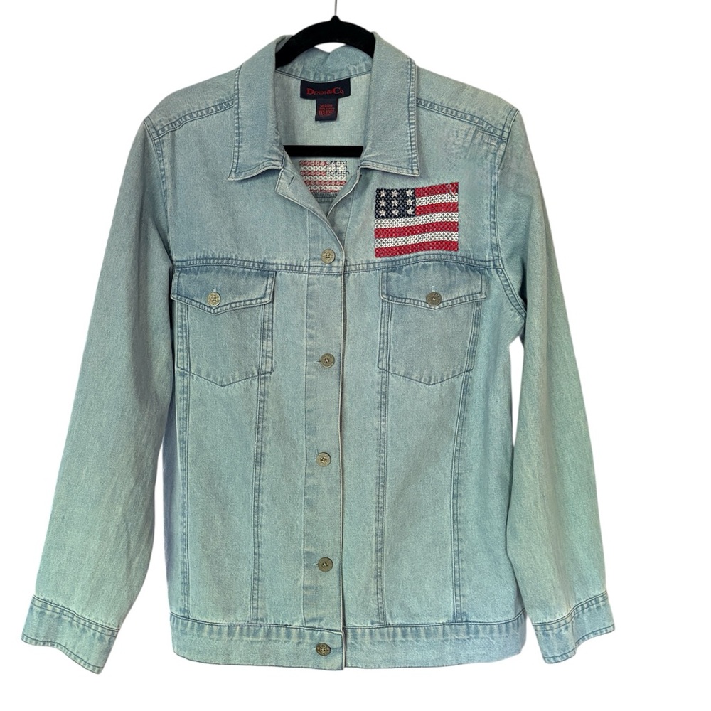 Denim & Co. Light Blue Denim Jacket with American Flag Embroidered Medium